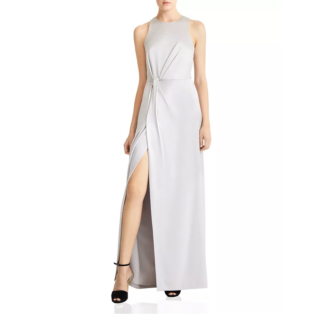 Halston Heritage Drape-Front Satin Gown Maxi Dress in Fog (Silver)
